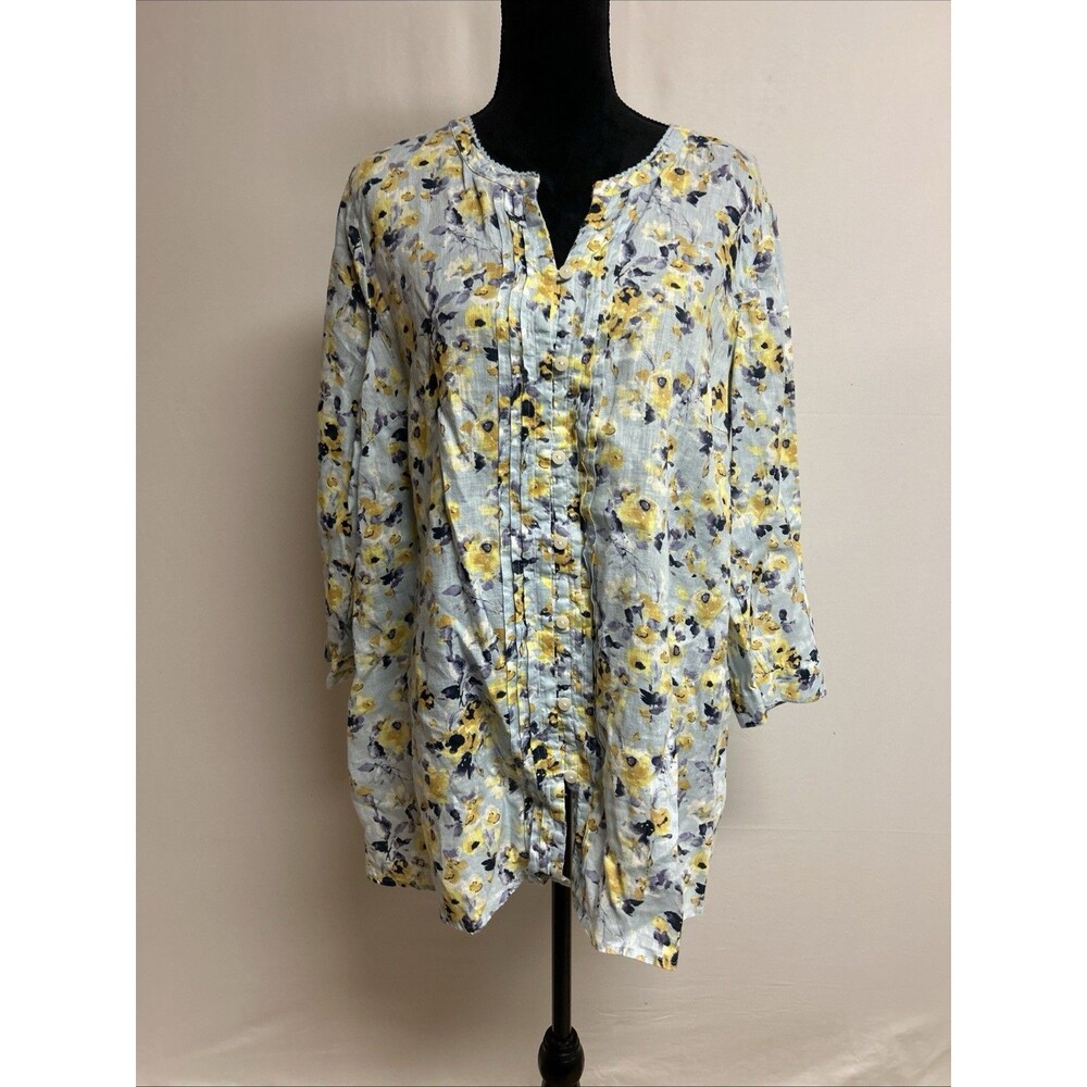 J Jill Love Linen Top L Blue Yellow Floral Tunic Blouse Pintuck 3/4 Sleeve